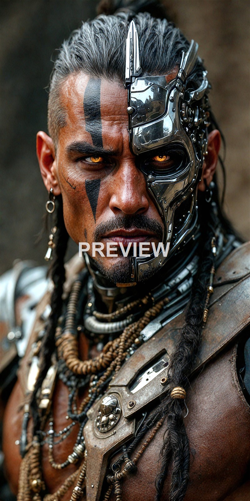 A person with half of their face covered by a metallic, robotic mask with glowing eyes, adorned in tribal-style jewelry and face paint, with a serious expression.
